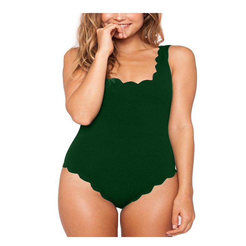 Bestgift Women's Padded Solid Color Backless Scallop Swimwear Bathing Suits Dark Green S