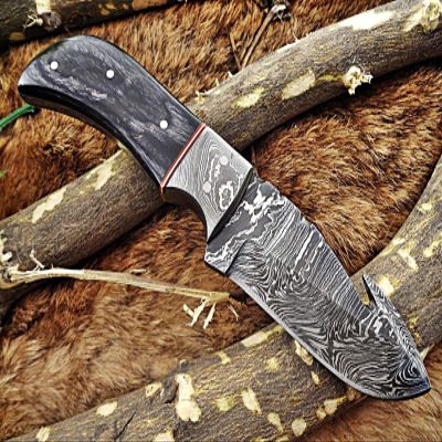 8" Long Hand Forged Damascus Steel Full Tang Blade Gut Hook Skinning Knife, 2 Tone Dollar Wood with Brass Bolster, Cow Hide Leather Sheath (Black Wood)