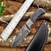 8" Long Hand Forged Damascus Steel Full Tang Blade Gut Hook Skinning Knife, 2 Tone Dollar Wood with Brass Bolster, Cow Hide Leather Sheath (Black Wood) view 2