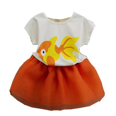 FTSUCQ Girls Goldfish Patterned Shirt Top with Skirt,Two-Pieces Sets,Orange 130