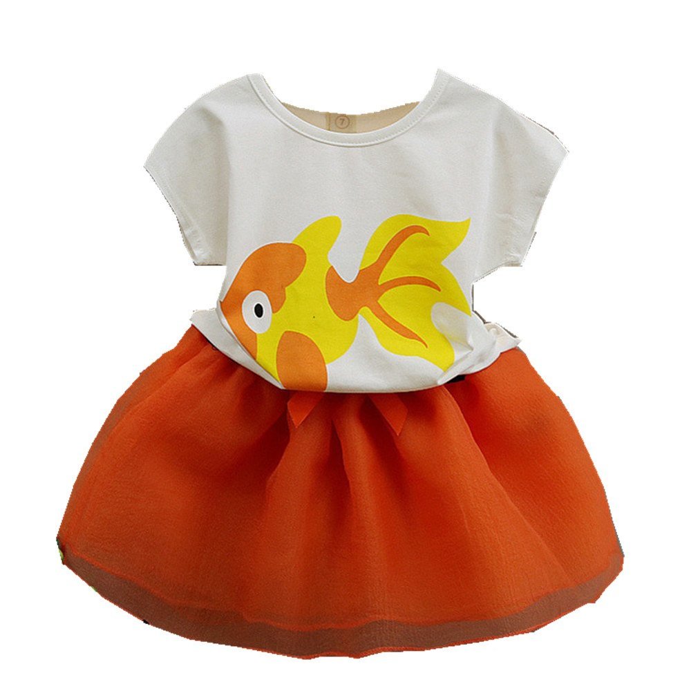 FTSUCQ Girls Goldfish Patterned Shirt Top with Skirt,Two-Pieces Sets,Orange 130