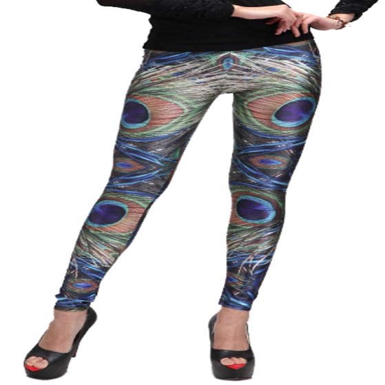 Sister Amy Women's Digital Animal Printed Ankle Elastic Tights Legging Peacock Stripes US XL