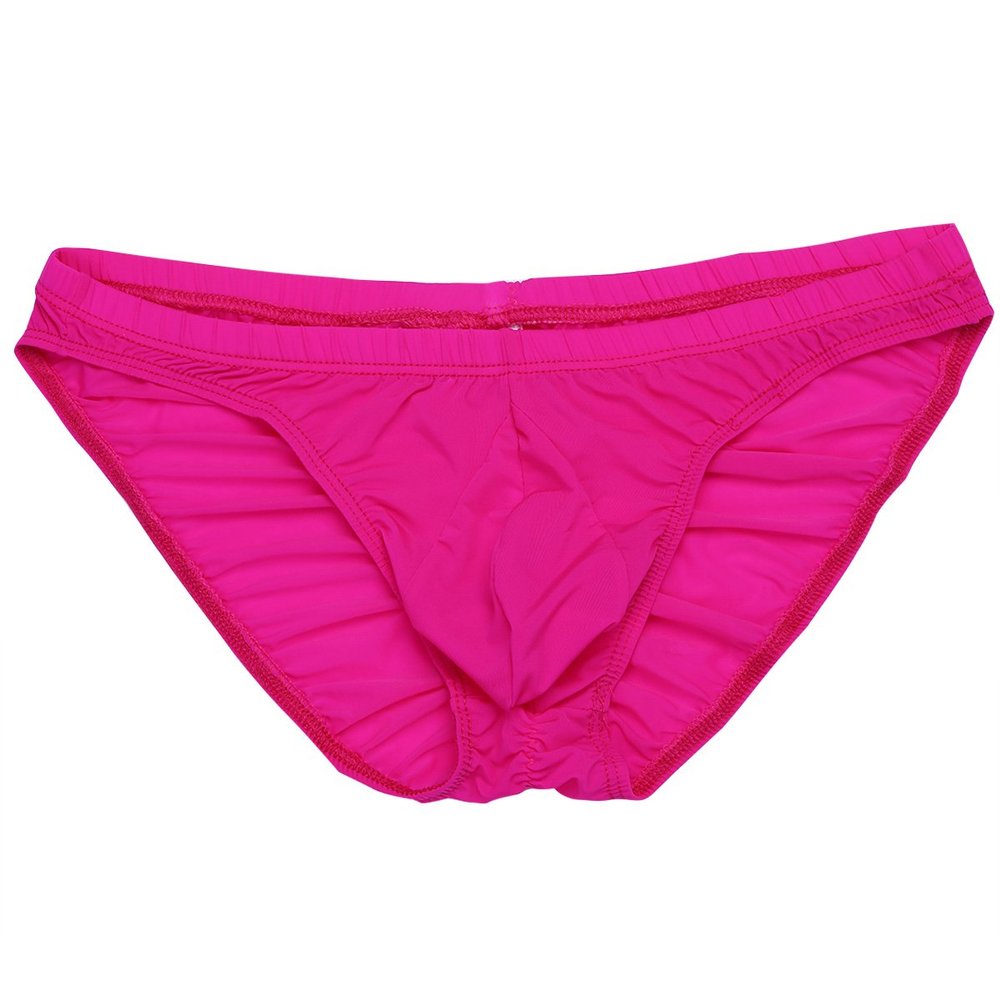 FEESHOW Men's Silky Bikini Briefs Bulge Pouch Underwear Swimwear Ruched Back (Rose, one Size)