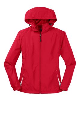 SPORT-TEK Women's Colorblock Hooded Raglan Jacket, True Red/White, Small