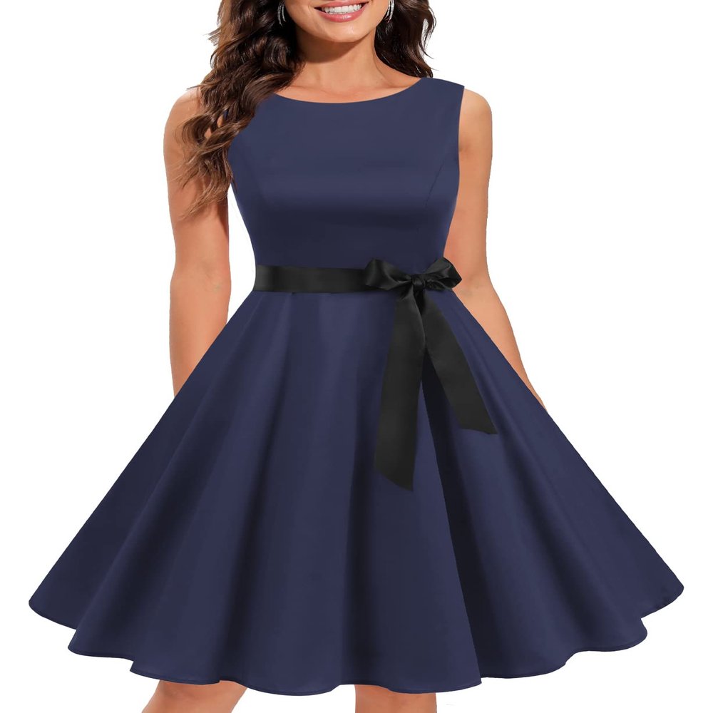 Gardenwed Women's Vintage Dress Sleeveless Cocktail 1950s Dresses Retro Tea Party Swing Navy L