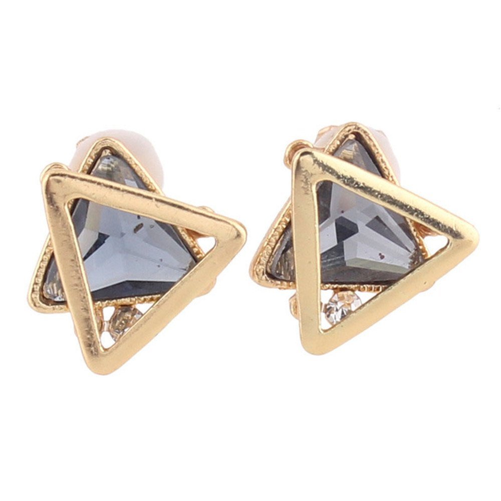 Gold Plated Rhinestone Crystal Double Triangle Clip on Earrings for Women Fashion Jewelry No Pierced Earrings (Grey)