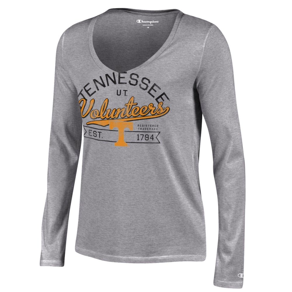 Champion Women's NCAA University Long Sleeve V-Neck T-Shirt, Gray, X-Small