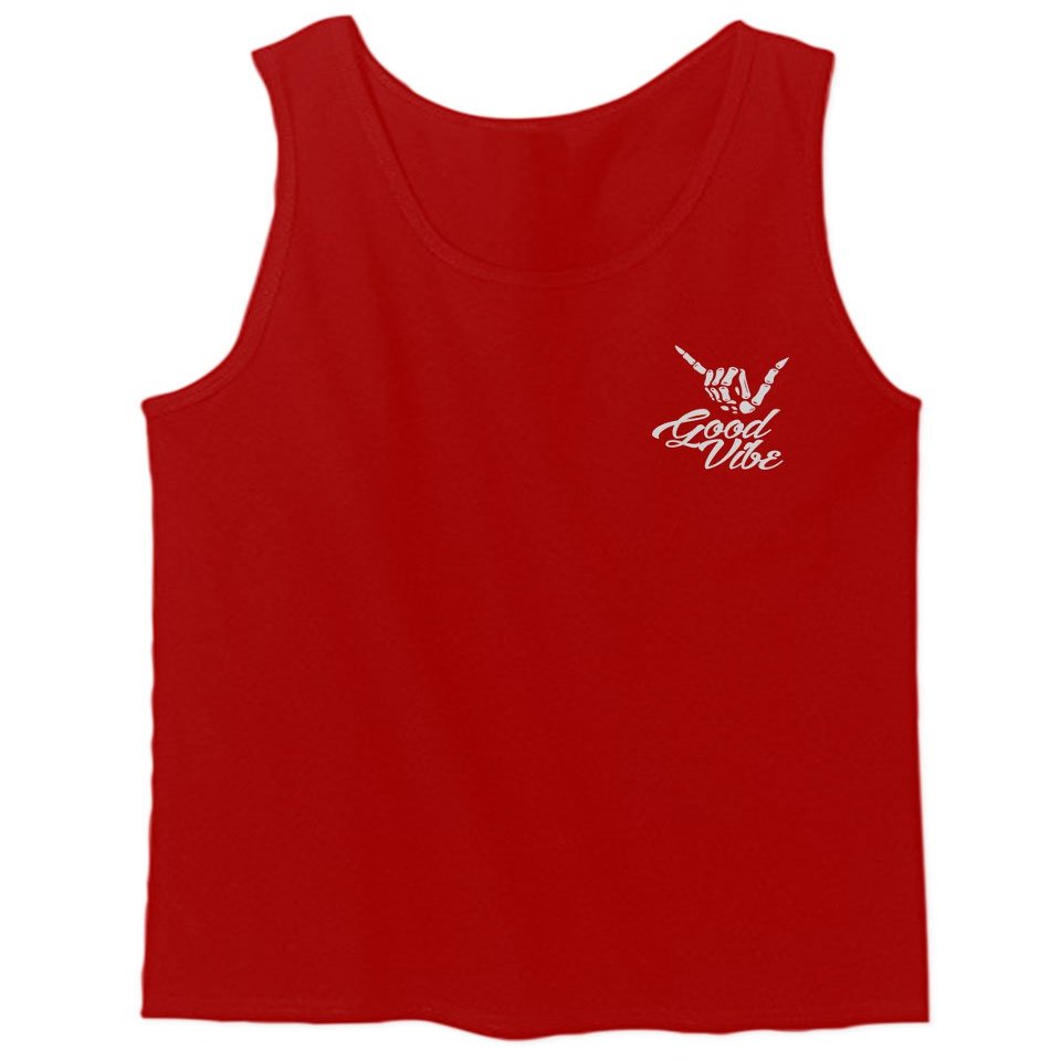0012. Good Vibe Bones Hand Shaka Cool Vintage Hipster Graphic Men's Tank Top (Red, Large)