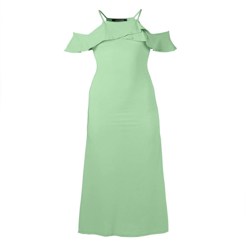 Bridesmaid Wedding Solid Ruffle Sleeve Maxi Dress Made in USA Sage Size S