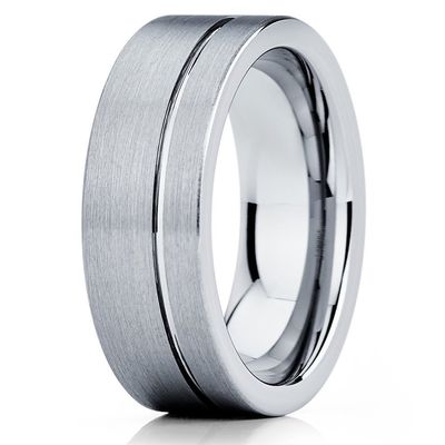 Silly Kings 8mm Tungsten Carbide Wedding Band Brushed Gray Offset Groove Men & Women Comfort Fit Ring