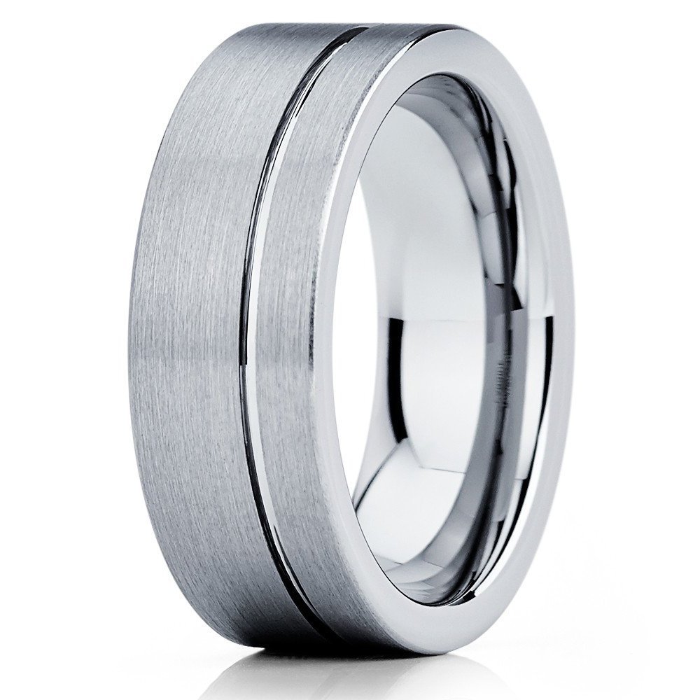 Silly Kings 8mm Tungsten Carbide Wedding Band Brushed Gray Offset Groove Men & Women Comfort Fit Ring