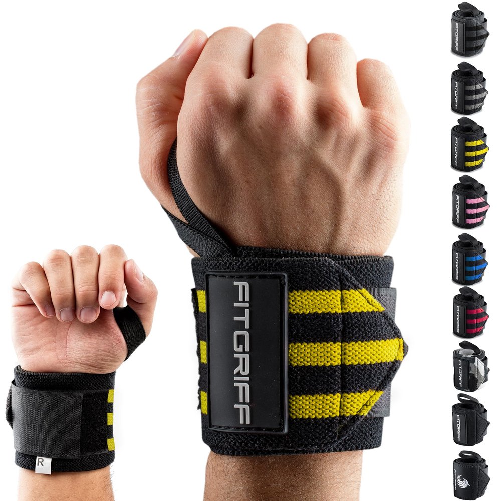 Fitgriff Wrist Wraps for Weightlifting (18") Heavy-Duty Support for Gym, Bench Press, and Pushups (1 Pair) - for Men and Women (Black/Yellow)