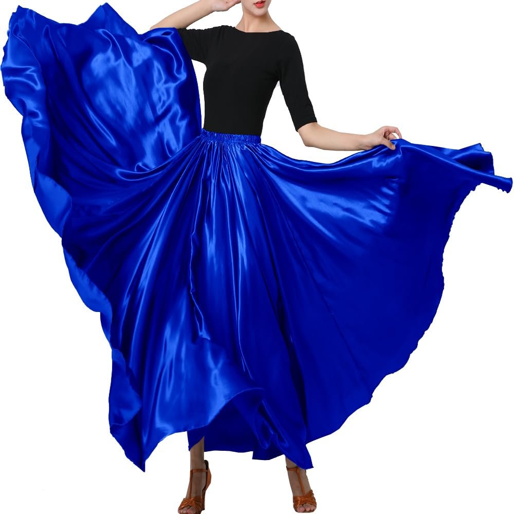 Backgarden Ladies 20 Yard Elegant Satin Long Full Skirt for Ballroom Belly Dance Performance Costume Dress Navy Blue