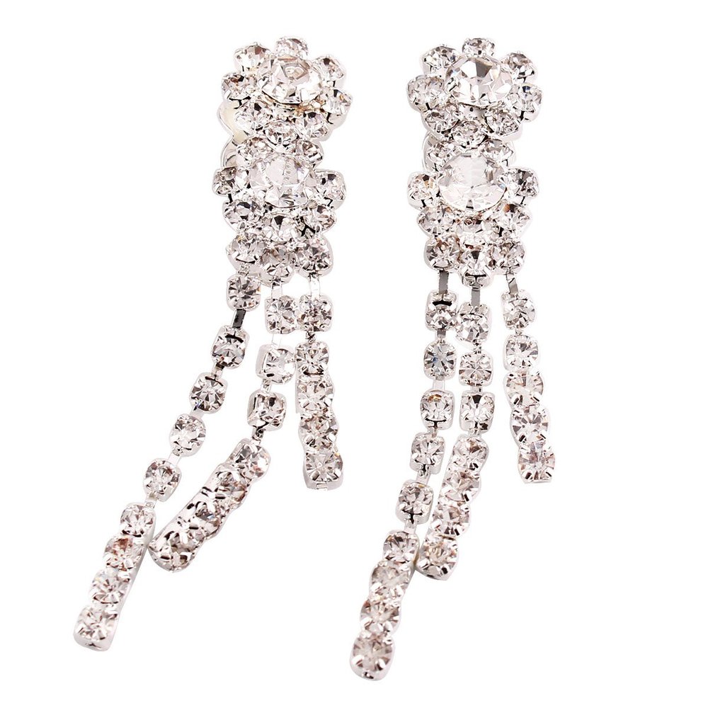 Grace Jun Bridal Silver Plated Rhinestone Crystal Long Tassel Clip on earrings Non Piercing for Women (52)
