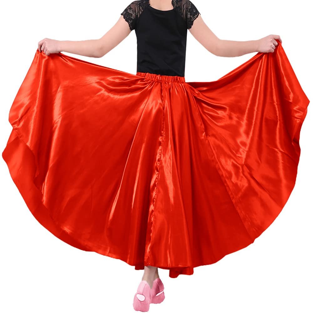 26" Red Girls Stretched Shiny Satin Flowy Long Dance Skirt Dancewear