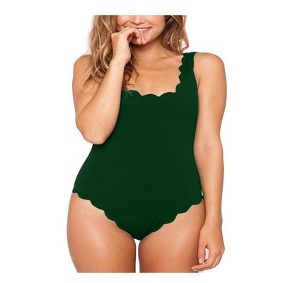 Bestgift Women's Padded Solid Color Backless Scallop Swimwear Bathing Suits Dark Green XS