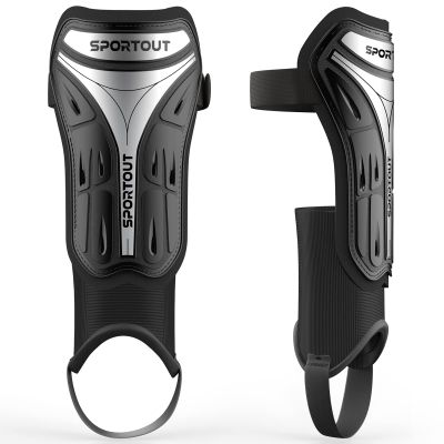 Sportout Soccer Shin Guards - Shin Guards Soccer Kids Youth Adult Protective Shin Pads with Sleeves and Insert Pocket for Boys Girls for Age 4-6, 6-8, 8-10,10-12,12-14,14-Adult (Black Silver, L)