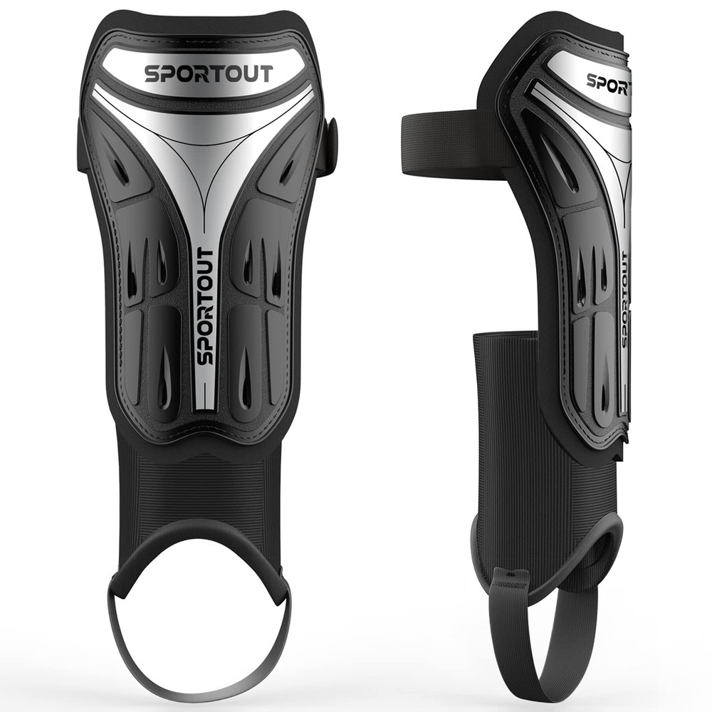 Sportout Soccer Shin Guards - Shin Guards Soccer Kids Youth Adult Protective Shin Pads with Sleeves and Insert Pocket for Boys Girls for Age 4-6, 6-8, 8-10,10-12,12-14,14-Adult (Black Silver, L)