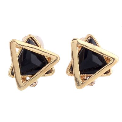 Gold Plated Rhinestone Crystal Double Triangle Clip on Earrings for Women Fine Jewelry No Pierced Earrings (Black)