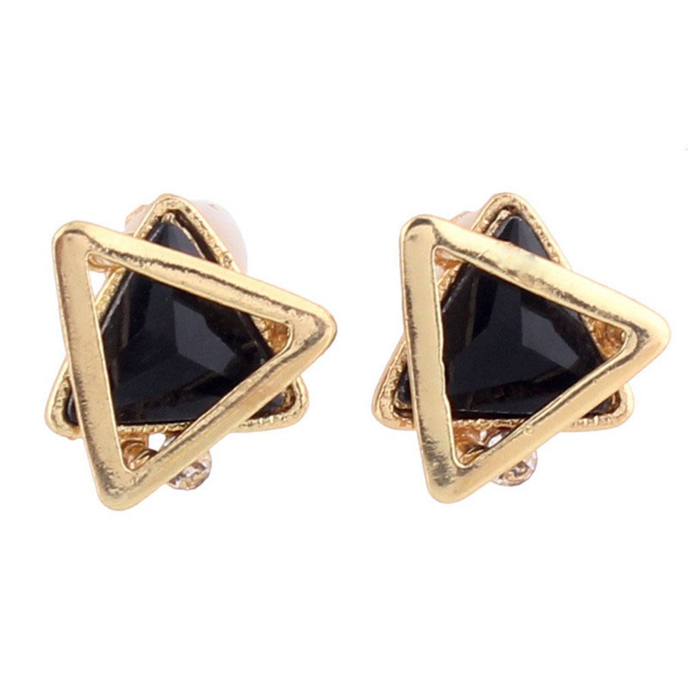 Gold Plated Rhinestone Crystal Double Triangle Clip on Earrings for Women Fine Jewelry No Pierced Earrings (Black)