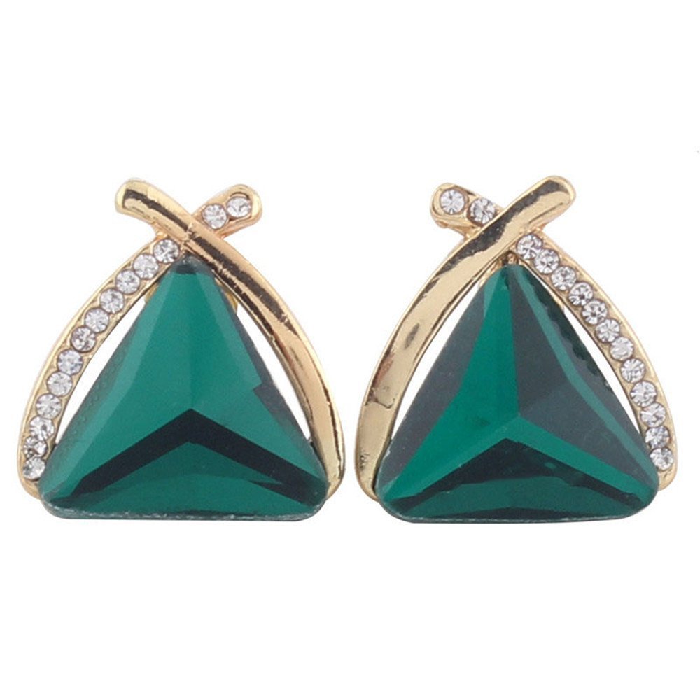 GRACE JUN Fashion Bridal Rhinestone Crystal Triangle Shape Clip on Earrings Non Piercing for Women Ear Clip (Green)