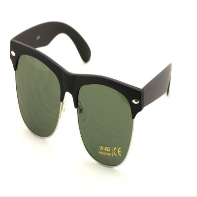 Classic Half Rim Round Vintage Retro Sunglasses (Matte Black, Green)