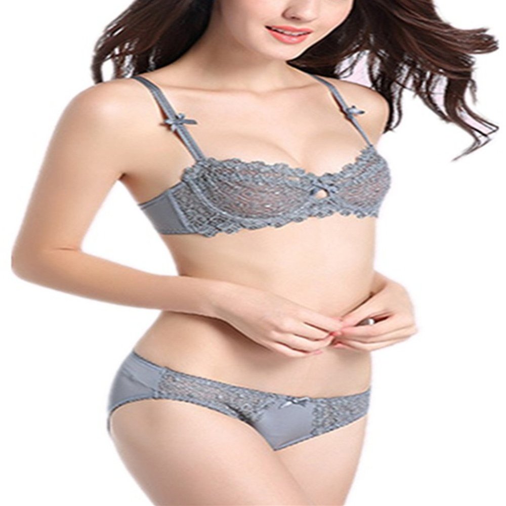 Lefox Women's Lumiere Lace Unlined Balconette Bra and Panty Set - (Gray 34C)