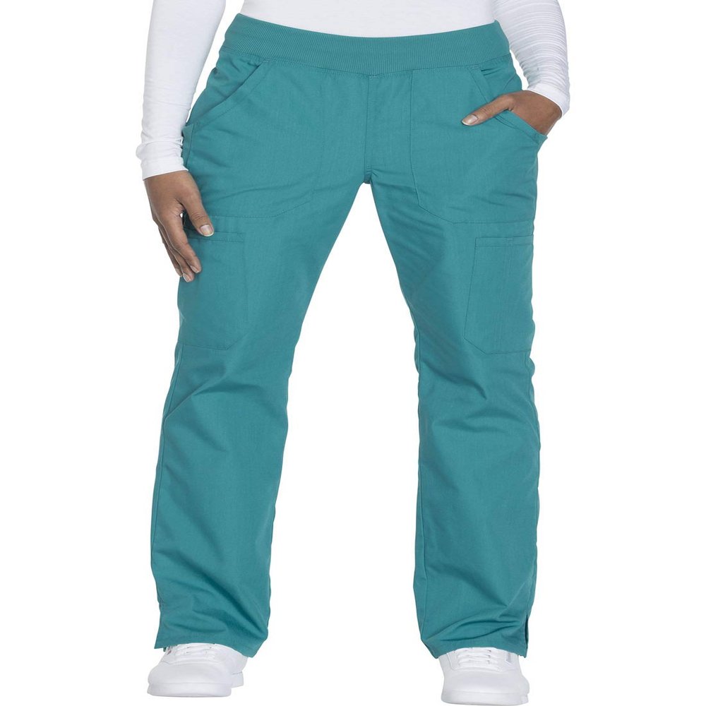 Cherokee Women's Mid Rise Straight Leg Pull-on Pant, XX-Small Petite, Teal Blue