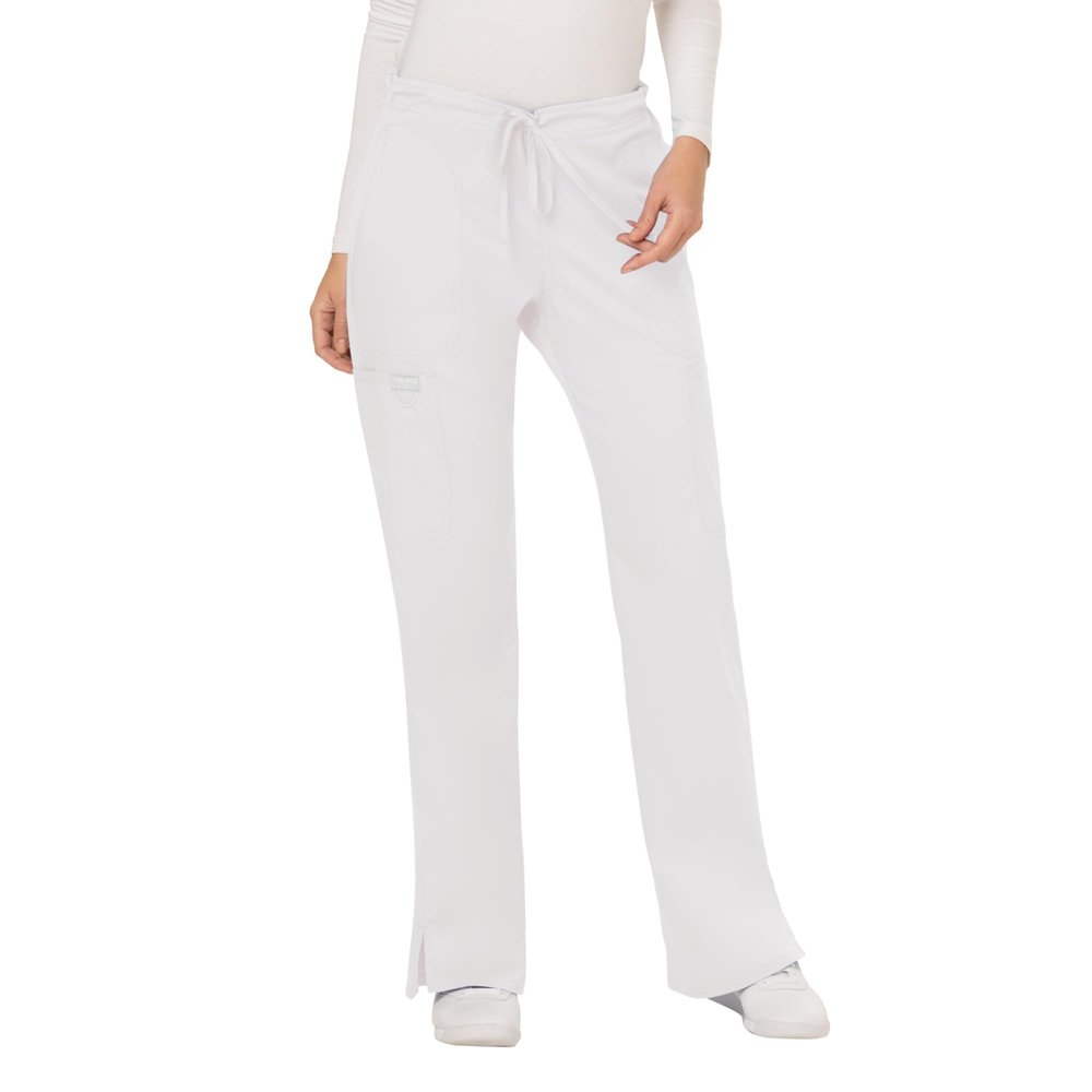 WW Revolution by Cherokee Women's Mid Rise Moderate Flare Drawstring Pant Petite, White, Small Petite