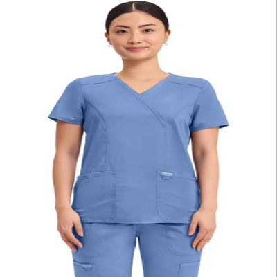 Cherokee Scrubs Top for Women Mock Wrap with 3 Pockets, Soft, 2-Way Stretch & Durable Fabric - WW610, XXS, Ciel