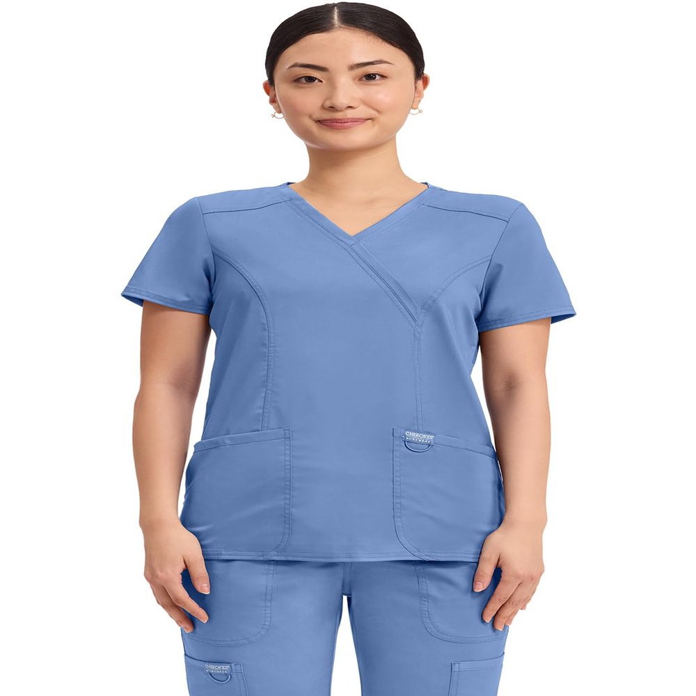 Cherokee Scrubs Top for Women Mock Wrap with 3 Pockets, Soft, 2-Way Stretch & Durable Fabric - WW610, XXS, Ciel