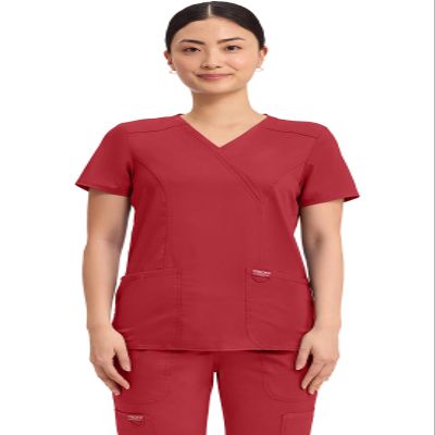 Cherokee Scrubs Top for Women Mock Wrap with 3 Pockets, Soft, 2-Way Stretch & Durable Fabric - WW610, L, Red