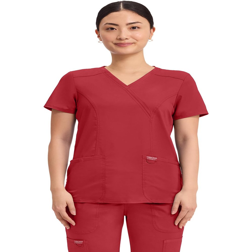 Cherokee Scrubs Top for Women Mock Wrap with 3 Pockets, Soft, 2-Way Stretch & Durable Fabric - WW610, L, Red