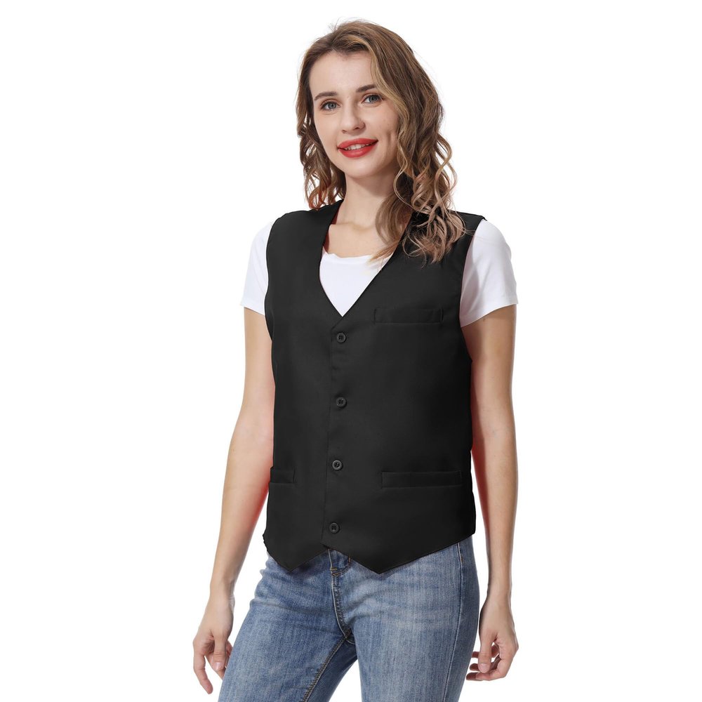 TopTie Unisex Button Vest Work Wear Uniform Vest-Black-XXL