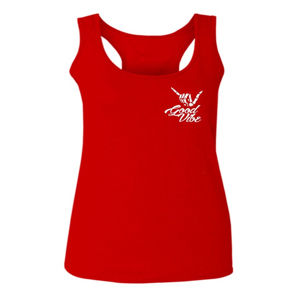 0012. Good Vibe Bones Hand Shaka Cool Vintage Hipster Graphic Women's Tank Top Racerback (Red, Large)
