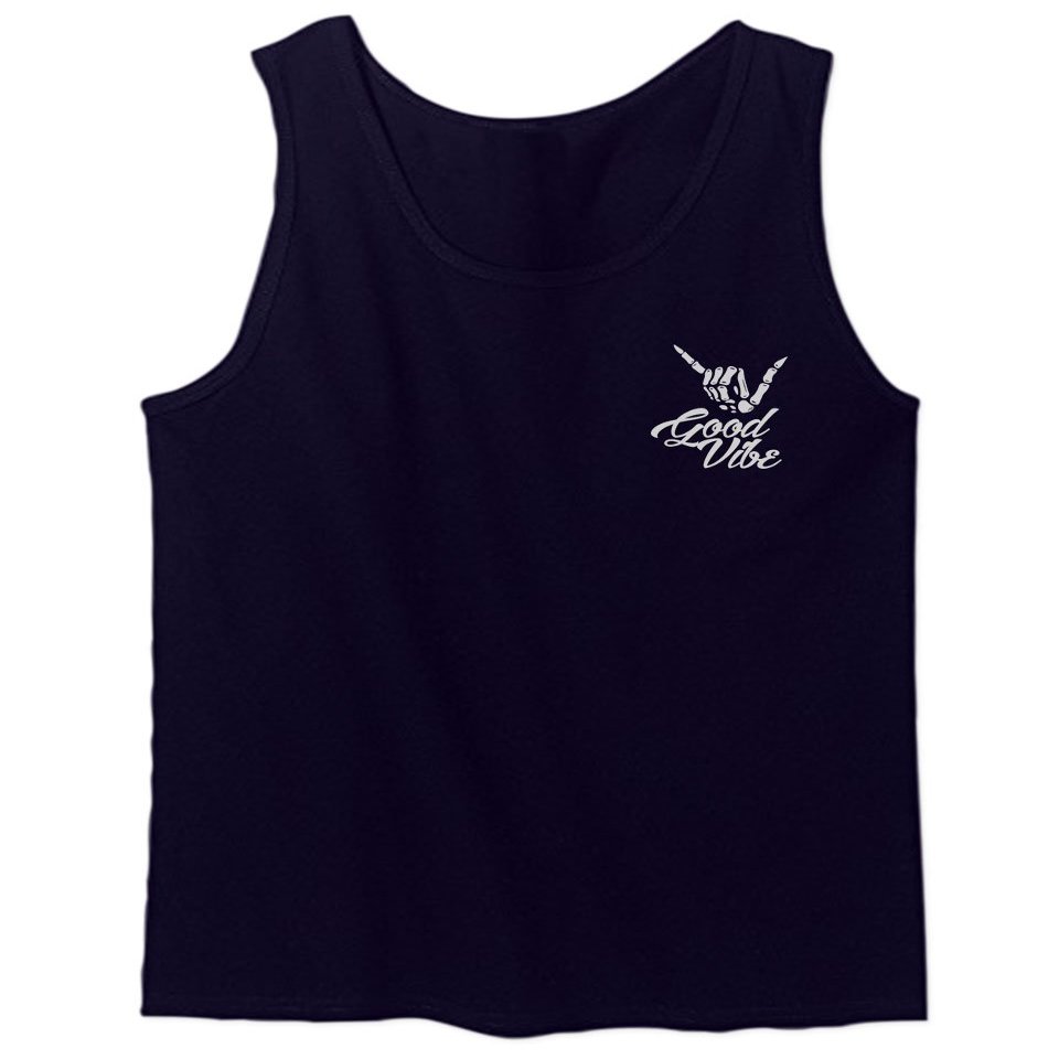 0012. Good Vibe Bones Hand Shaka Cool Vintage Hipster Graphic Men's Tank Top (Navy Blue, Small)