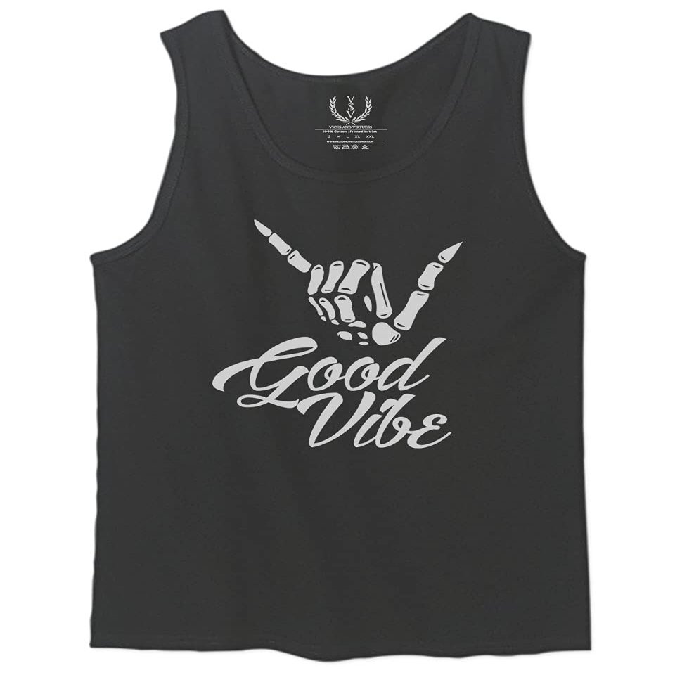 0013. Big Good Vibe Bones Hand Shaka Cool Vintage Hipster Graphic Men's Tank Top (Charcoal, Small)