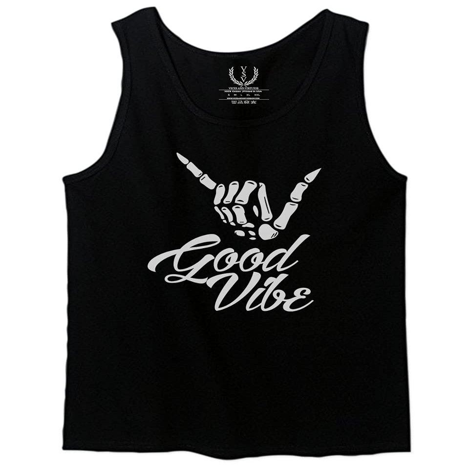 0013. Big Good Vibe Bones Hand Shaka Cool Vintage Hipster Graphic Men's Tank Top (Black, Small)