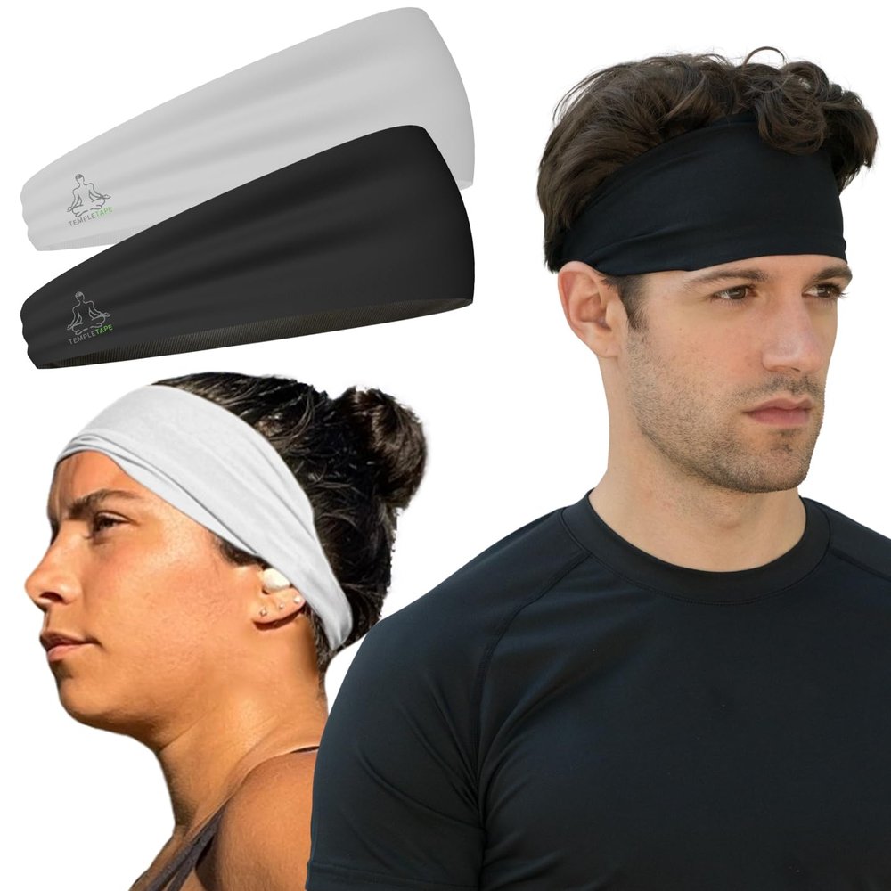 Temple Tape, Mens Headband - Guys Sports Headbands Moisture Wicking Workout Sweatbands for Running, CrossTrain, Skiing and Bike Helmet Friendly - Value Pack - 1-Black & 1-White Sweatbands