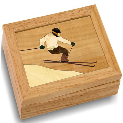 MarqArt Ski Wood Art Jewelry Trinket Box & Gift - Handmade USA - Unmatched Quality - Unique, No Two are the Same - Original Work of Wood Art (#4120 Skier 4x5x1.5)
