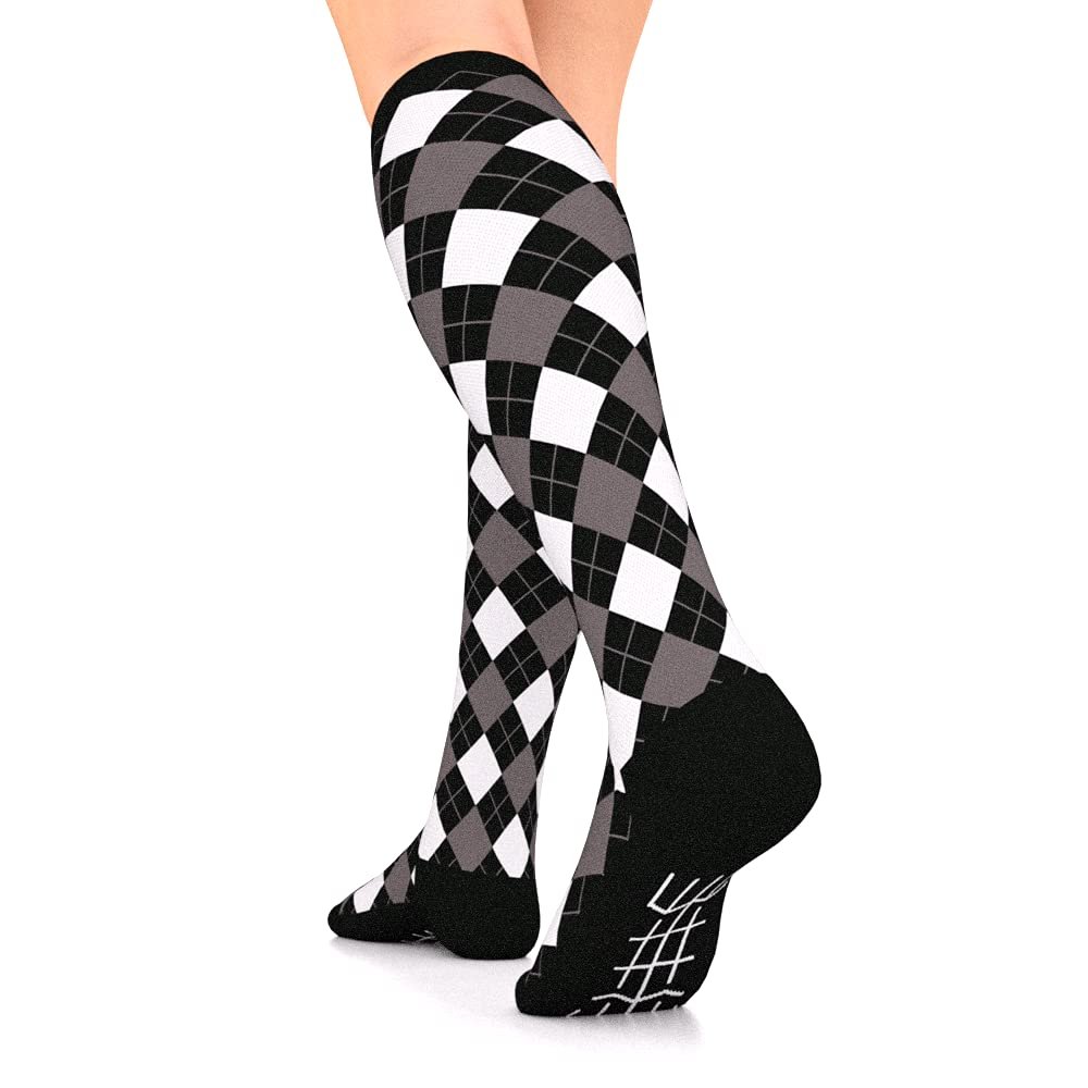 Go2Socks Go2 Compression Socks for Men Women Nurses Runners| Medium Compression Stockings (Black and White Argyle 2 Pack, Small)