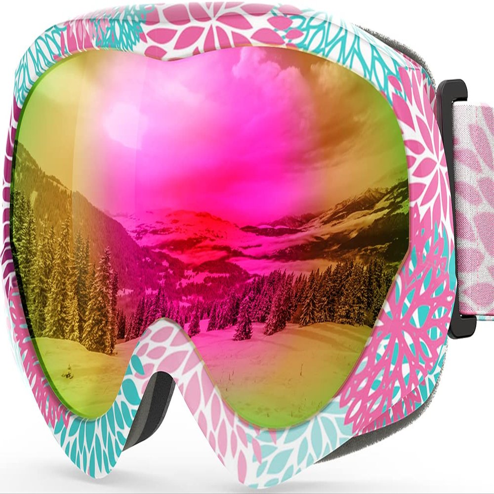 OutdoorMaster Kids Ski Goggles, Snow Goggles for Boys & Girls with 100% UV Protection (Flower Pattern Frame + VLT 13% Grey Lens with Full REVO Pink)