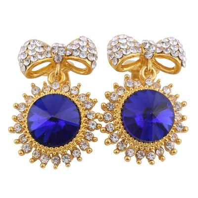 Grace Jun Fashion Bridal Austria Crystal Gold Plated Bowknot Shpae Clip on Earrings Without Piercing (blue)