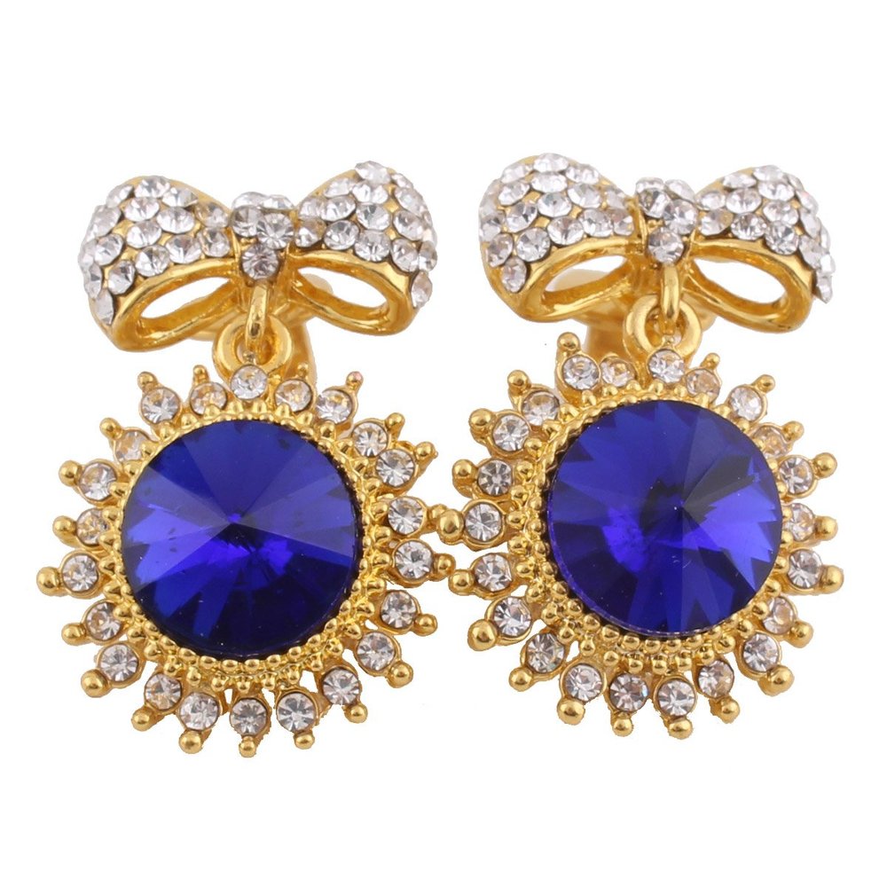 Grace Jun Fashion Bridal Austria Crystal Gold Plated Bowknot Shpae Clip on Earrings Without Piercing (blue)