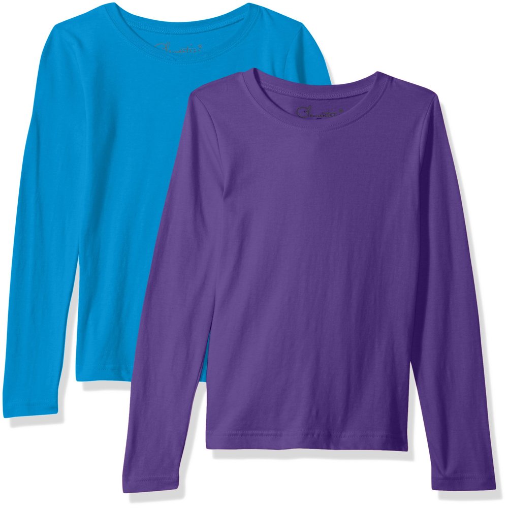 Clementine Girls' Big Everyday T-Shirts Long Sleeve Crew 2-Pack, Torquoise-Purple, L