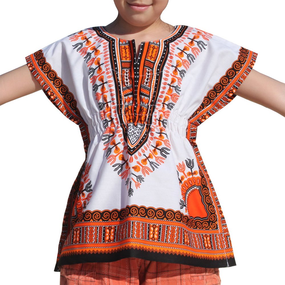 RaanPahMuang Childs African Dashiki Festival Bright Cotton Open Collar Shirt, Small, White with Orange
