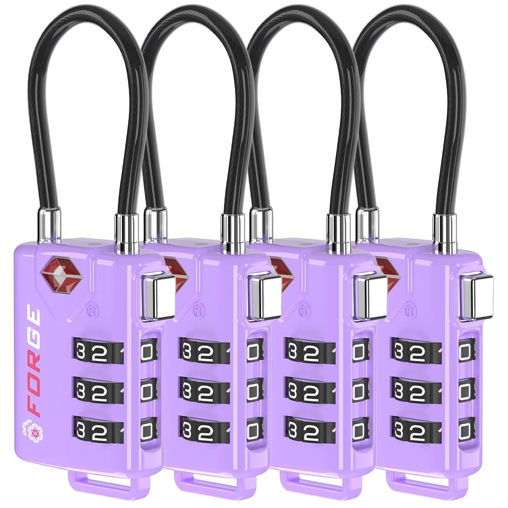 Forge TSA Approved Luggage Locks, Re-settable Combination with Alloy Body, Purple 4 Locks.