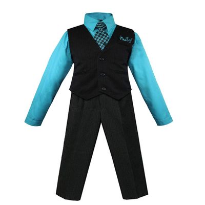 Luca Gabriel Toddler Boys' 4 Piece Pinstripe Vest Shirt Tie Pant and Hanky Set Turquoise - 5