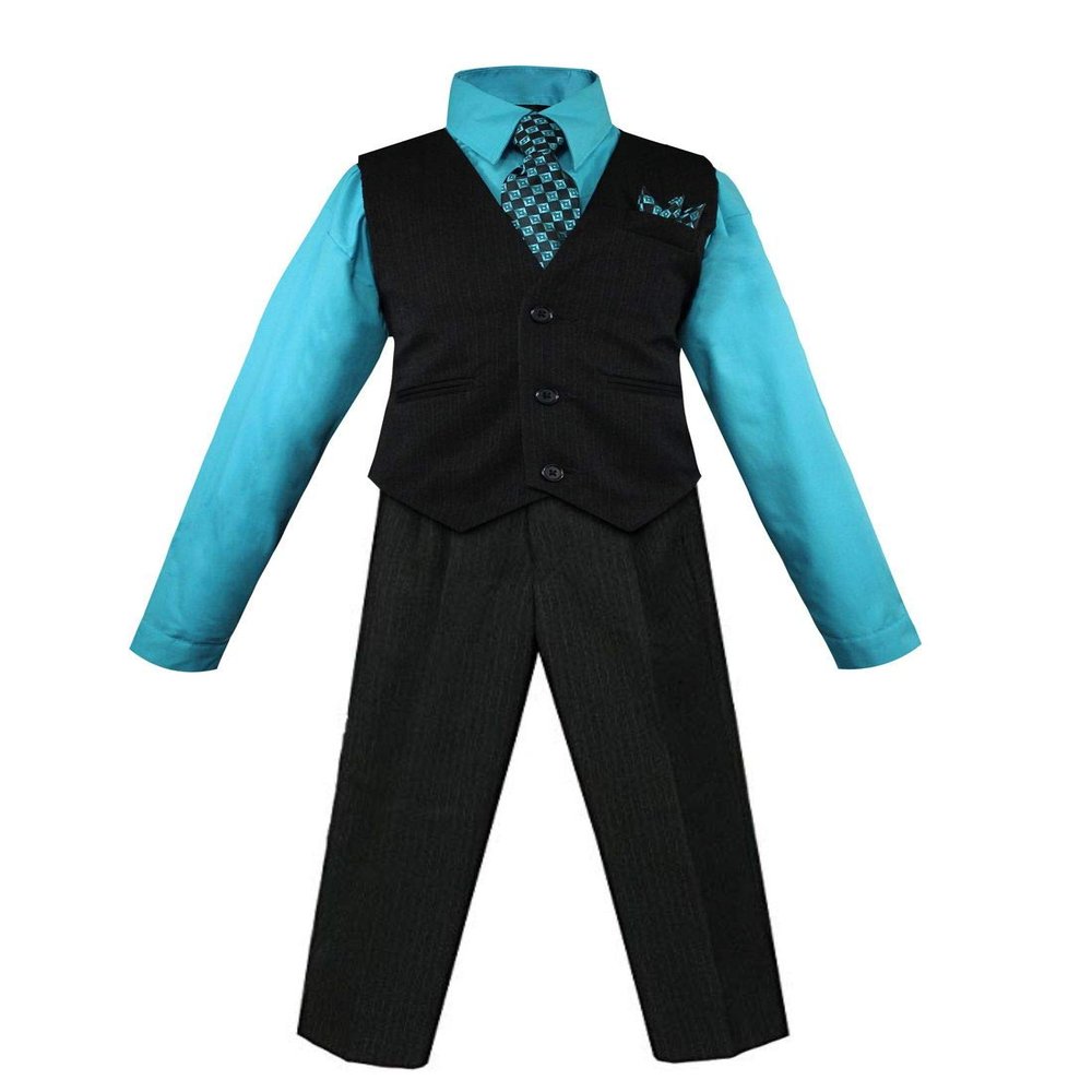 Luca Gabriel Toddler Boys' 4 Piece Pinstripe Vest Shirt Tie Pant and Hanky Set Turquoise - 5