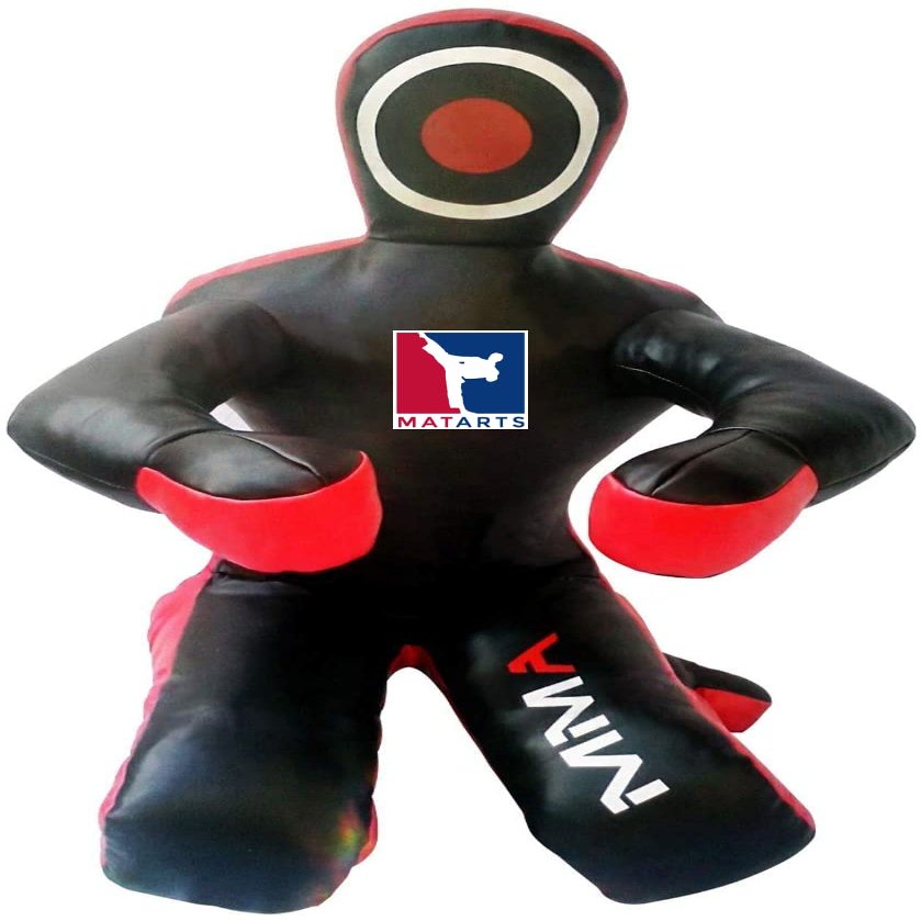 MatArts MMA Grappling Dummy BJJ jiu jitsu Training Punching Bag Combat Sports Judo Karate Taekwondo Leather Wrestling Buddies Boxing Dummy for Multiple Drills (Leather Black / Red, 70" (6 Feet))